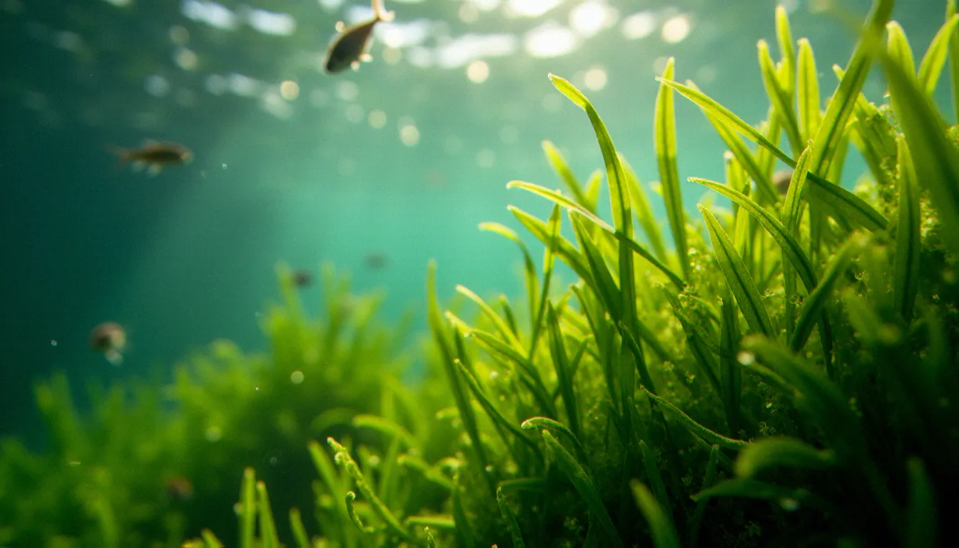 Vue sous-marine de plantes oxygénantes immergées — élodées et renoncules aquatiques — produisant des bulles d'oxygène dans un bassin naturel sans pompe