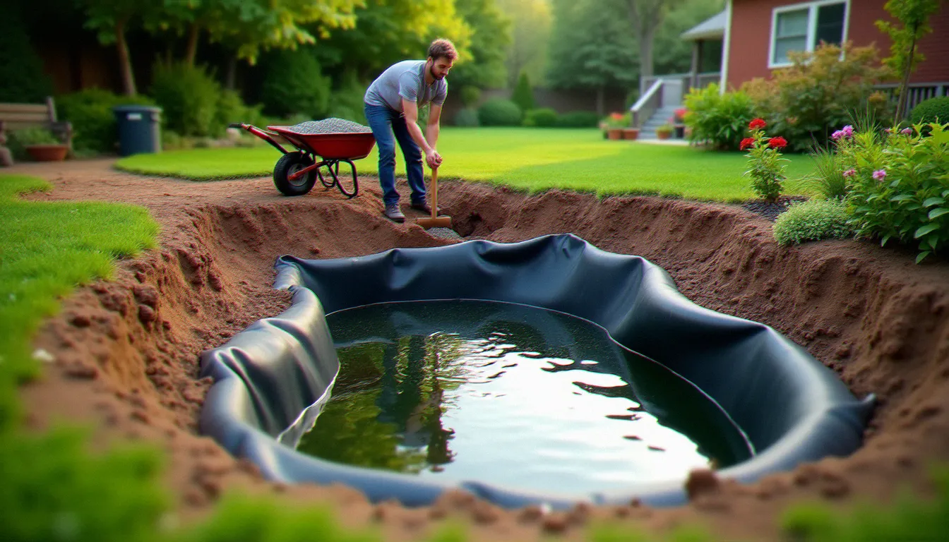 Construction d'un bassin de jardin sans pompe avec excavation étagée montrant les différents paliers de profondeur, bâche EPDM déroulée et gravier en attente