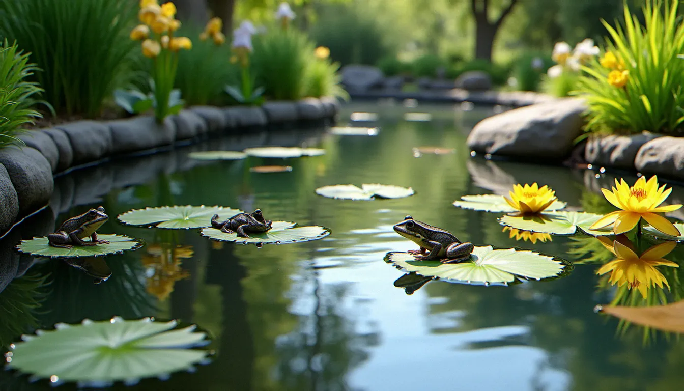 Bassin de jardin sans pompe entouré de plantes aquatiques naturelles — nénuphars, roseaux et iris des marais — avec une eau claire et une grenouille sur un nénuphar