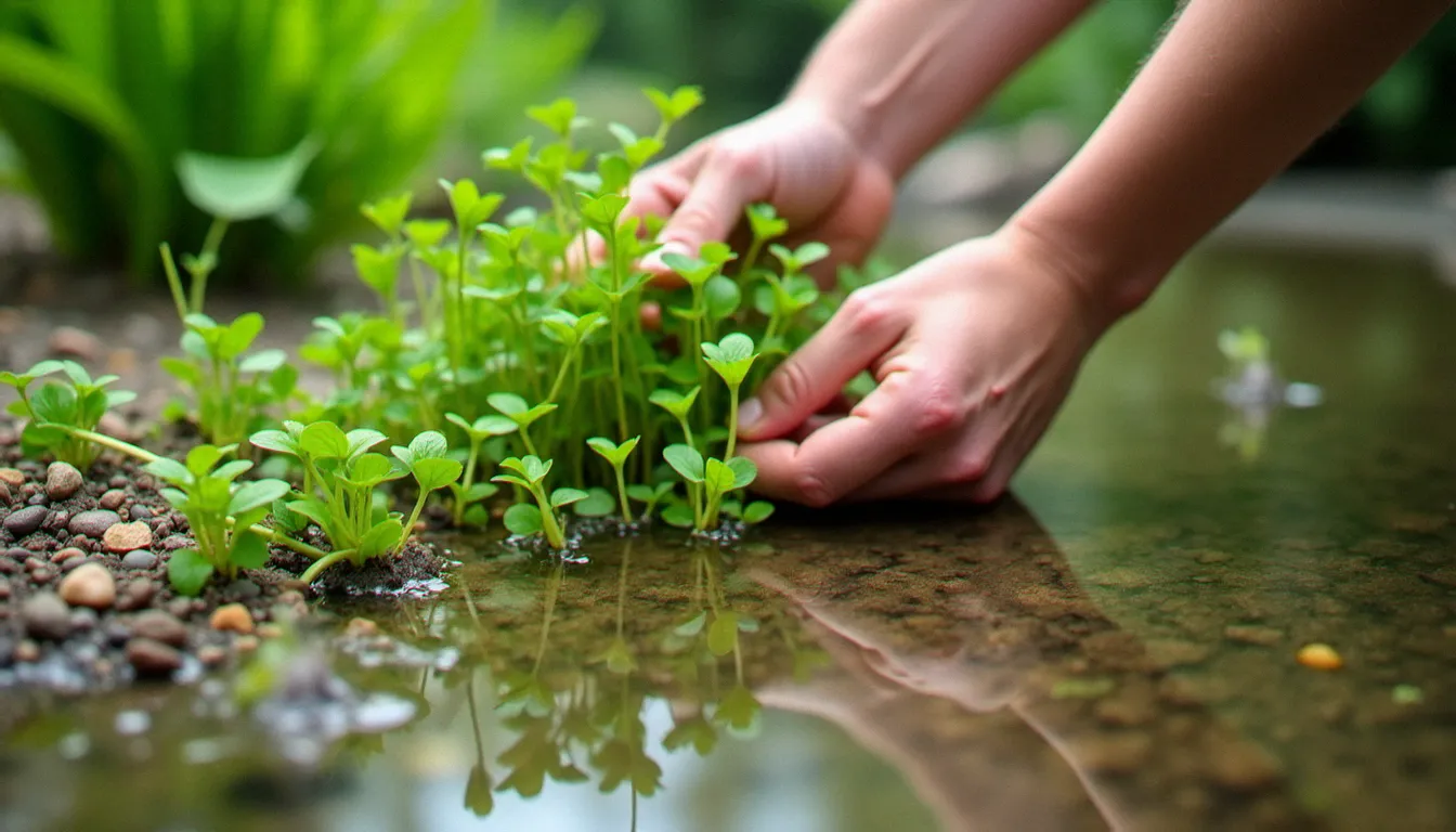 Plantation de plantes oxygénantes immergées dans du gravier lavé au fond d'un bassin naturel, sans terre, pour filtrer l'eau sans pompe électrique