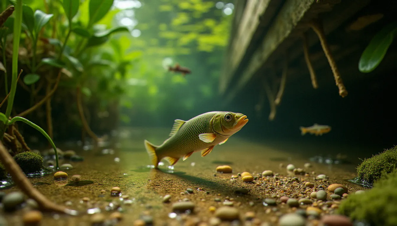 Tanches et vairons nageant dans un bassin de jardin naturel sans filtration électrique, eau claire, plantes aquatiques visibles en arrière-plan