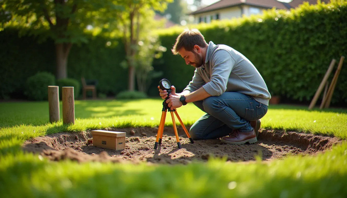 Paysagiste en train de délimiter l'emplacement d'un bassin de jardin dans un jardin ensoleillé, en évaluant l'exposition et la distance aux arbres