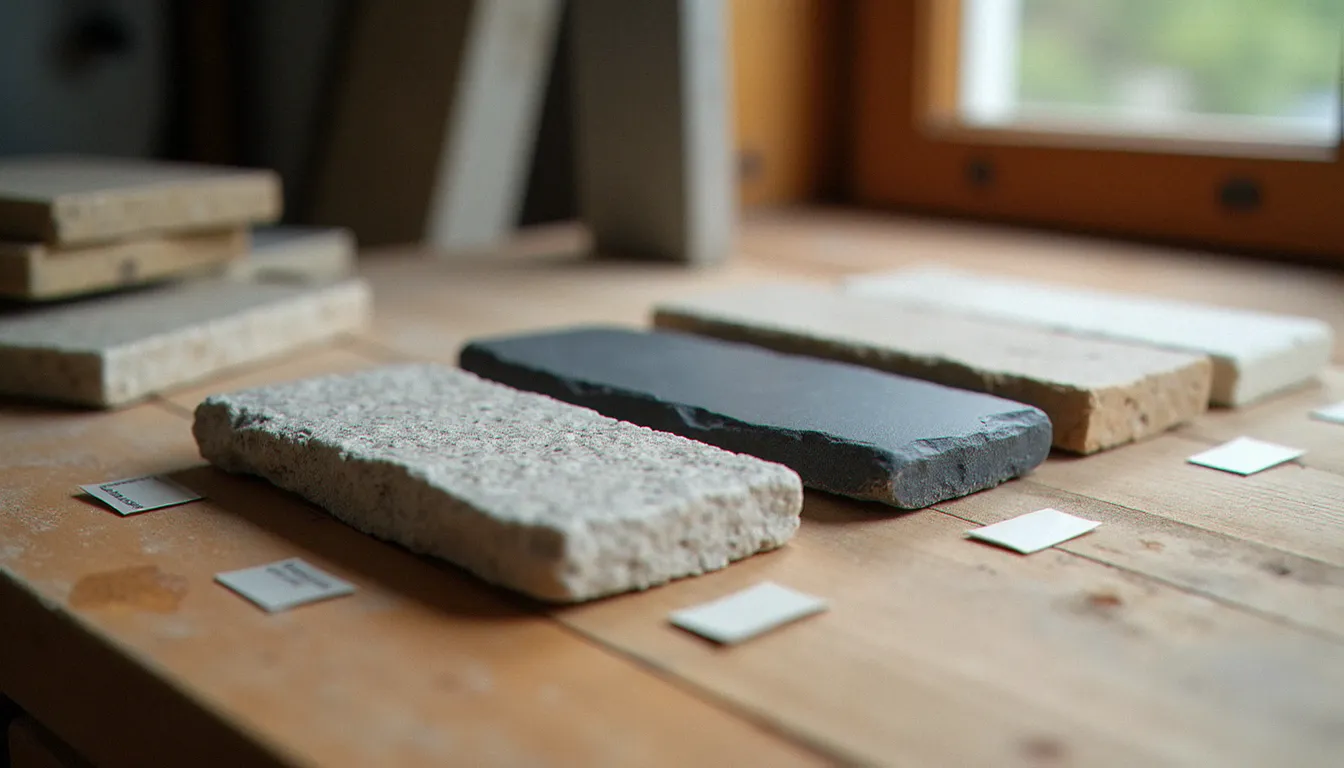 Échantillons de différentes pierres naturelles pour bassin de jardin — granit, ardoise, travertin et grès — comparés sous lumière naturelle pour illustrer les textures et couleurs