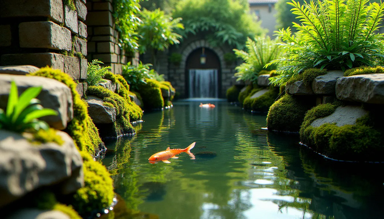 Bassin de jardin en pierre avec parois recouvertes de mousse naturelle témoignant d'un bon équilibre biologique, eau limpide et poissons koï visibles sous la surface à travers la lumière filtrée des arbres