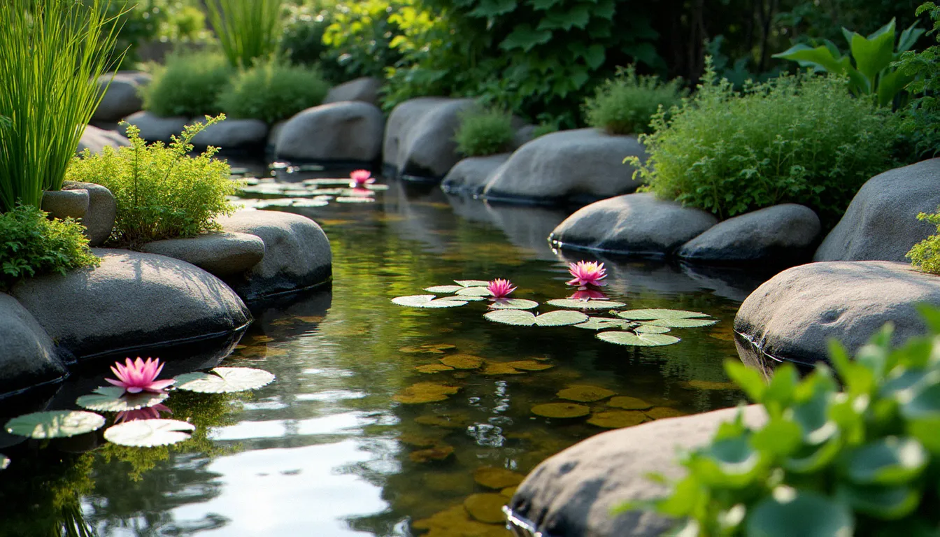 Bassin de jardin en pierre de granit naturel entouré de nénuphars et de végétation aquatique, eau claire reflétant les rochers, lumière matinale douce
