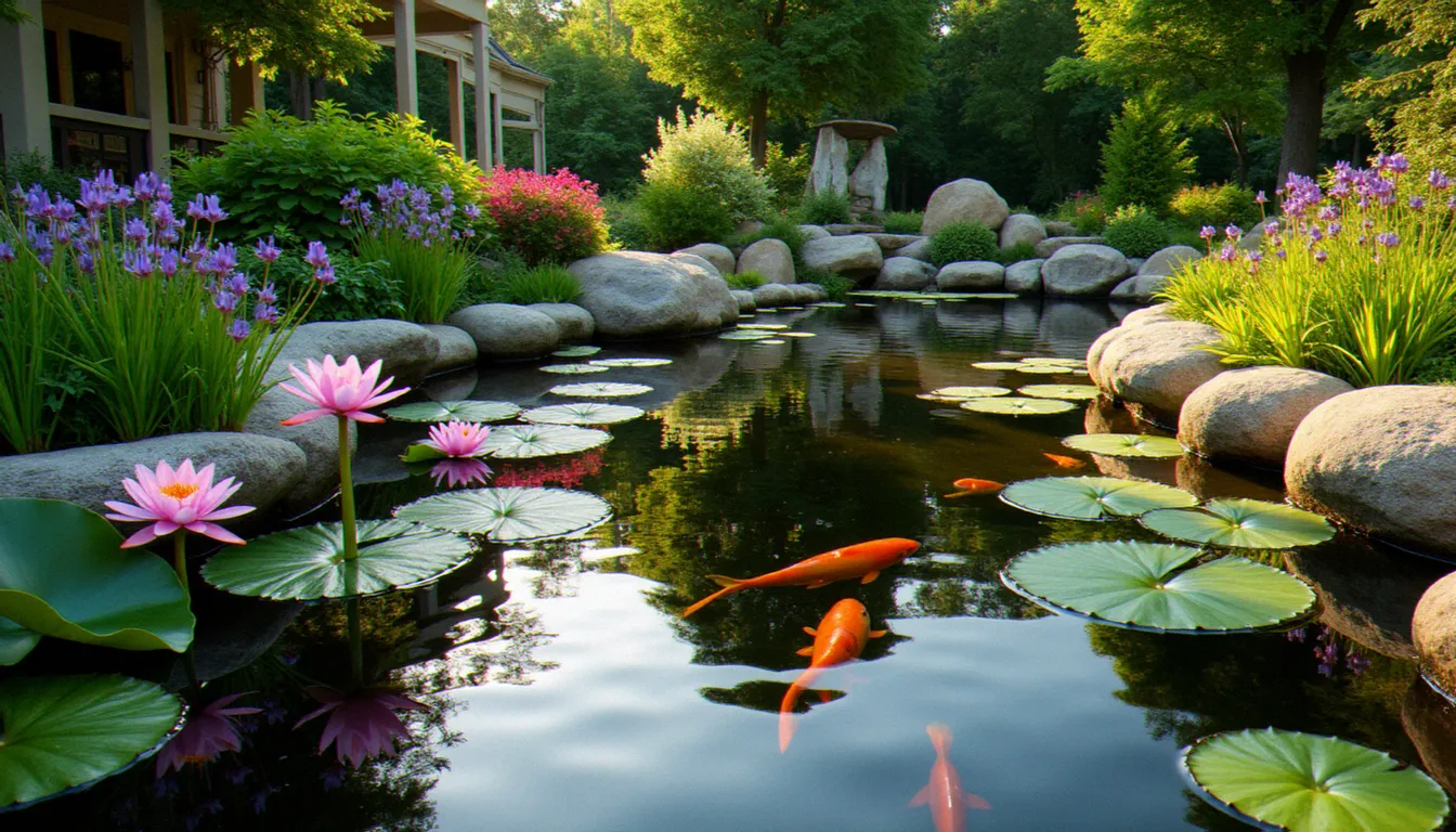 Bassin de jardin avec nénuphars en fleur, iris de berge et koï visibles sous une eau claire, entouré d'un jardin paysager soigné