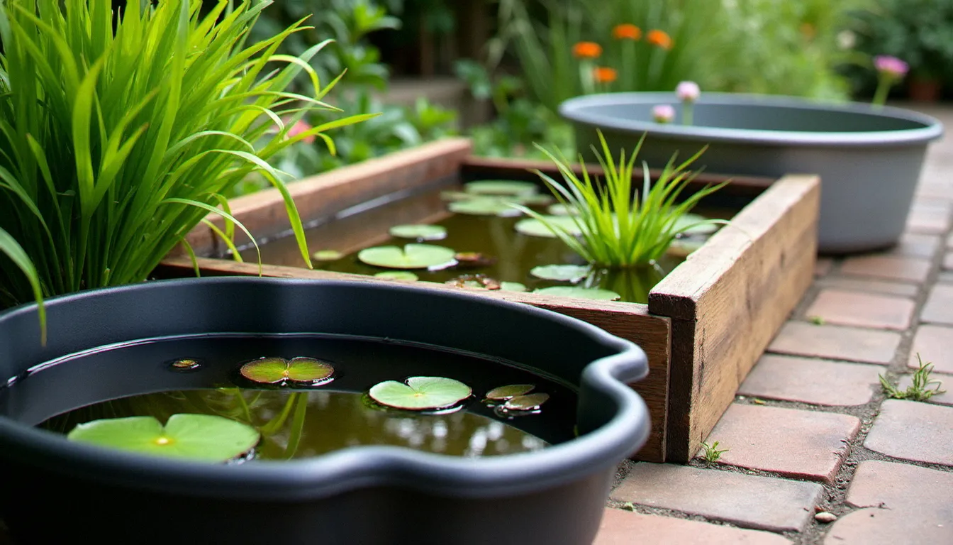 Comparaison de trois types de bassins de jardin hors sol : bac en résine, bassin bois avec liner et bac métallique recyclé sur une terrasse de jardin