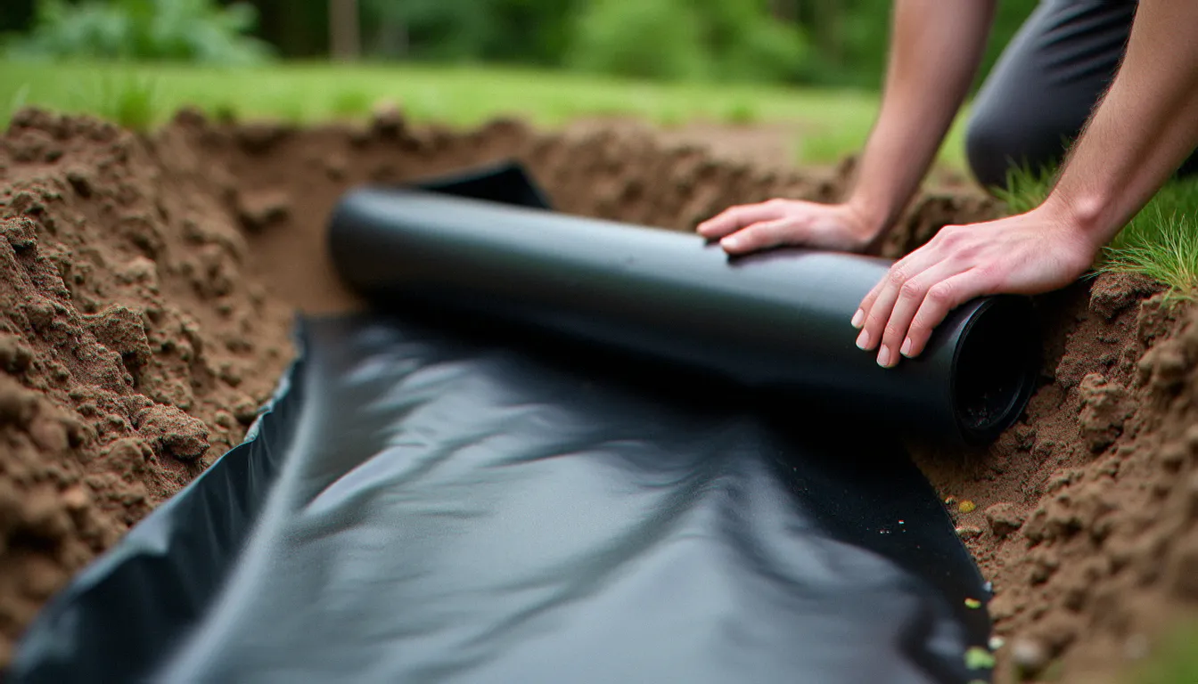 Installation d'une bâche EPDM noire dans un trou de bassin de jardin en cours de création