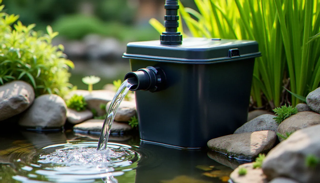 Filtre biologique de bassin de jardin connecté à une pompe avec eau claire circulant en sortie de filtration