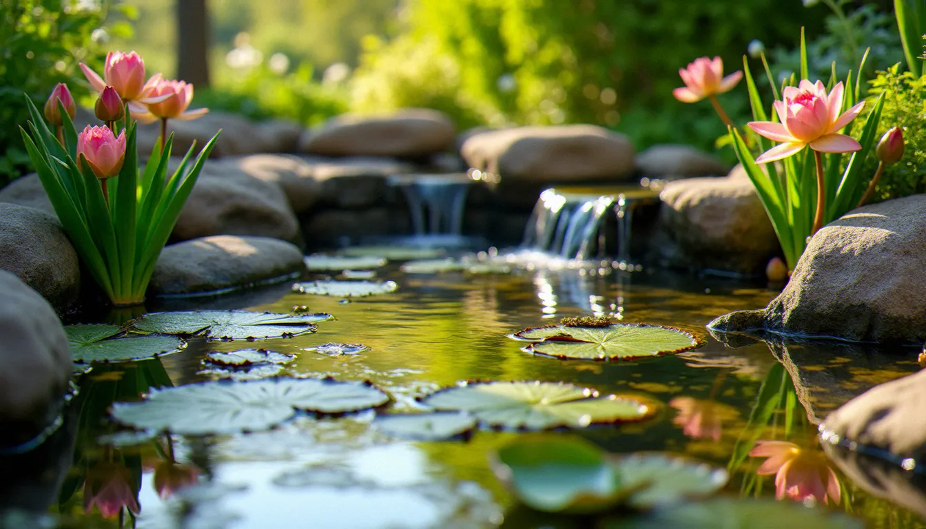 Bassin de jardin pas cher avec eau claire, plantes aquatiques et margelles en pierre naturelle dans un jardin verdoyant