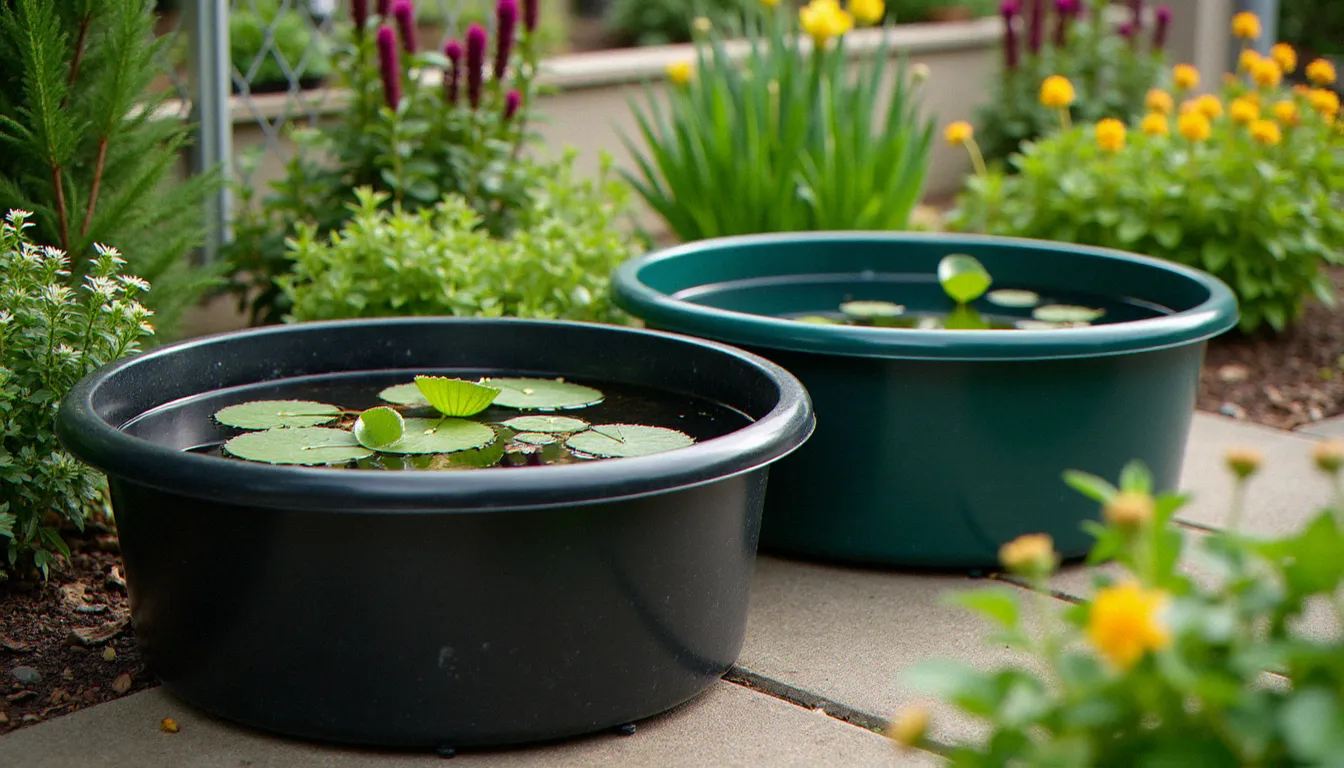 Deux coques de bassins de jardin préformés côte à côte dans un magasin spécialisé, l'une en polyéthylène et l'autre en polyester renforcé fibre de verre, montrant les différents paliers de profondeur