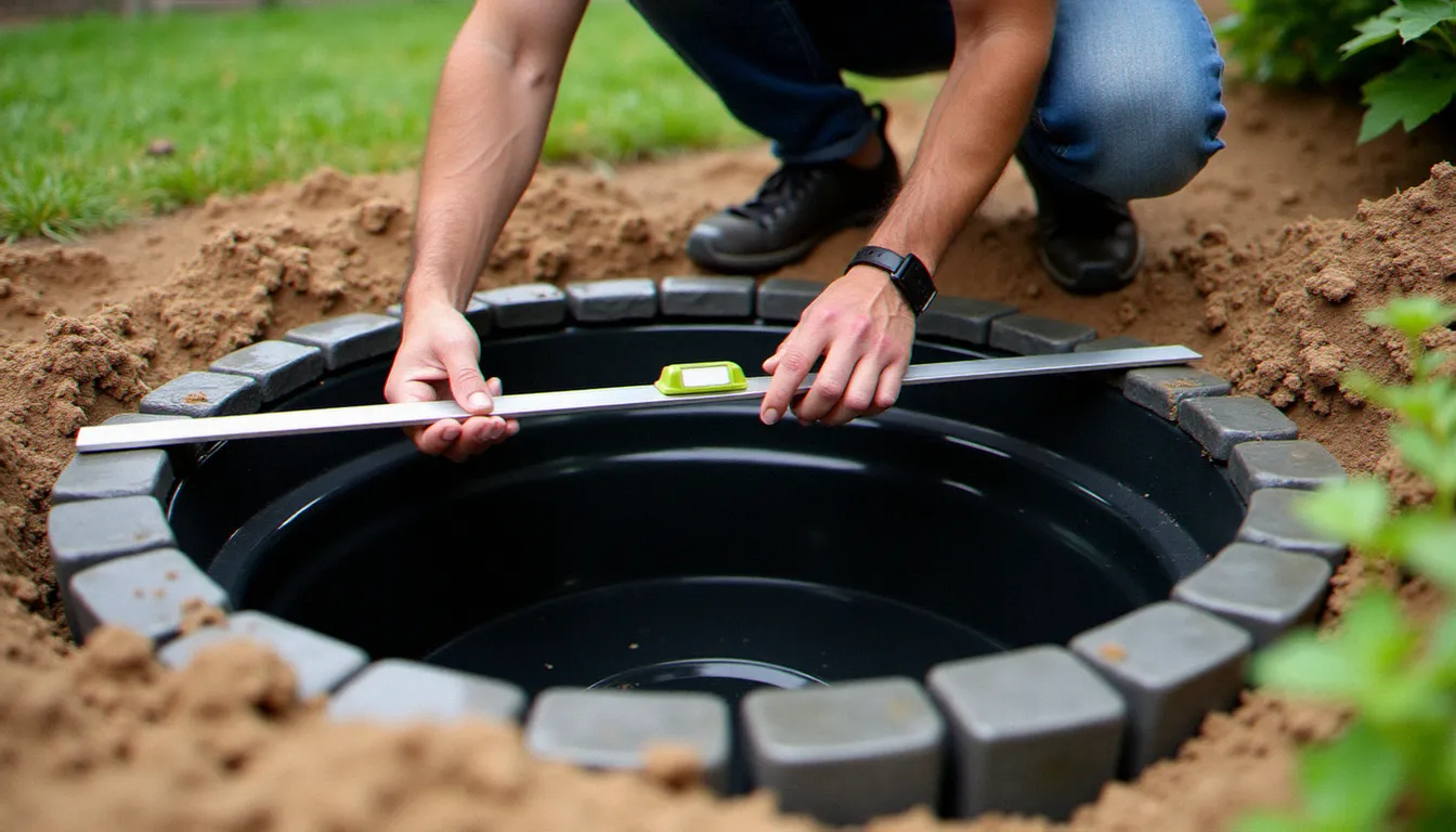 Installation d'un bassin de jardin préformé dans le sol, avec vérification du nivellement à l'aide d'un niveau à bulle posé sur le rebord de la coque, sol fraîchement creusé autour
