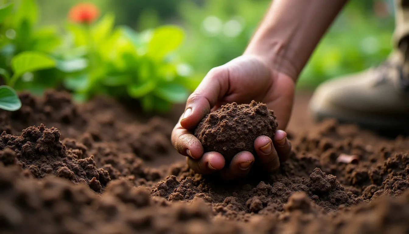 Main d'un jardinier testant la rétention d'eau d'un sol argileux en formant une boulette de terre humide, massifs paillés en arrière-plan