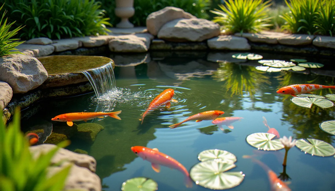 Bassin ornemental sain avec koïs visibles sous l'eau claire, nénuphars en fleur et cascade, entouré de végétation verte dans un jardin de 1000 m2