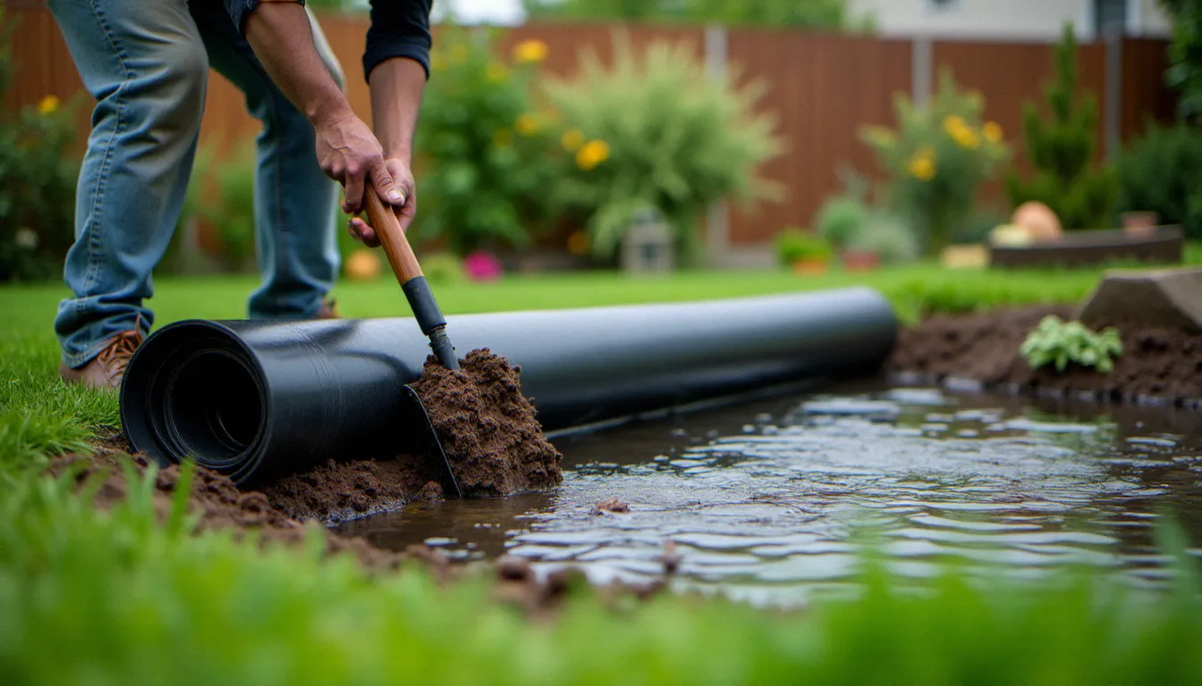 Installation d'une pièce d'eau artificielle dans un jardin : creusement de la fouille et pose du liner EPDM par un paysagiste