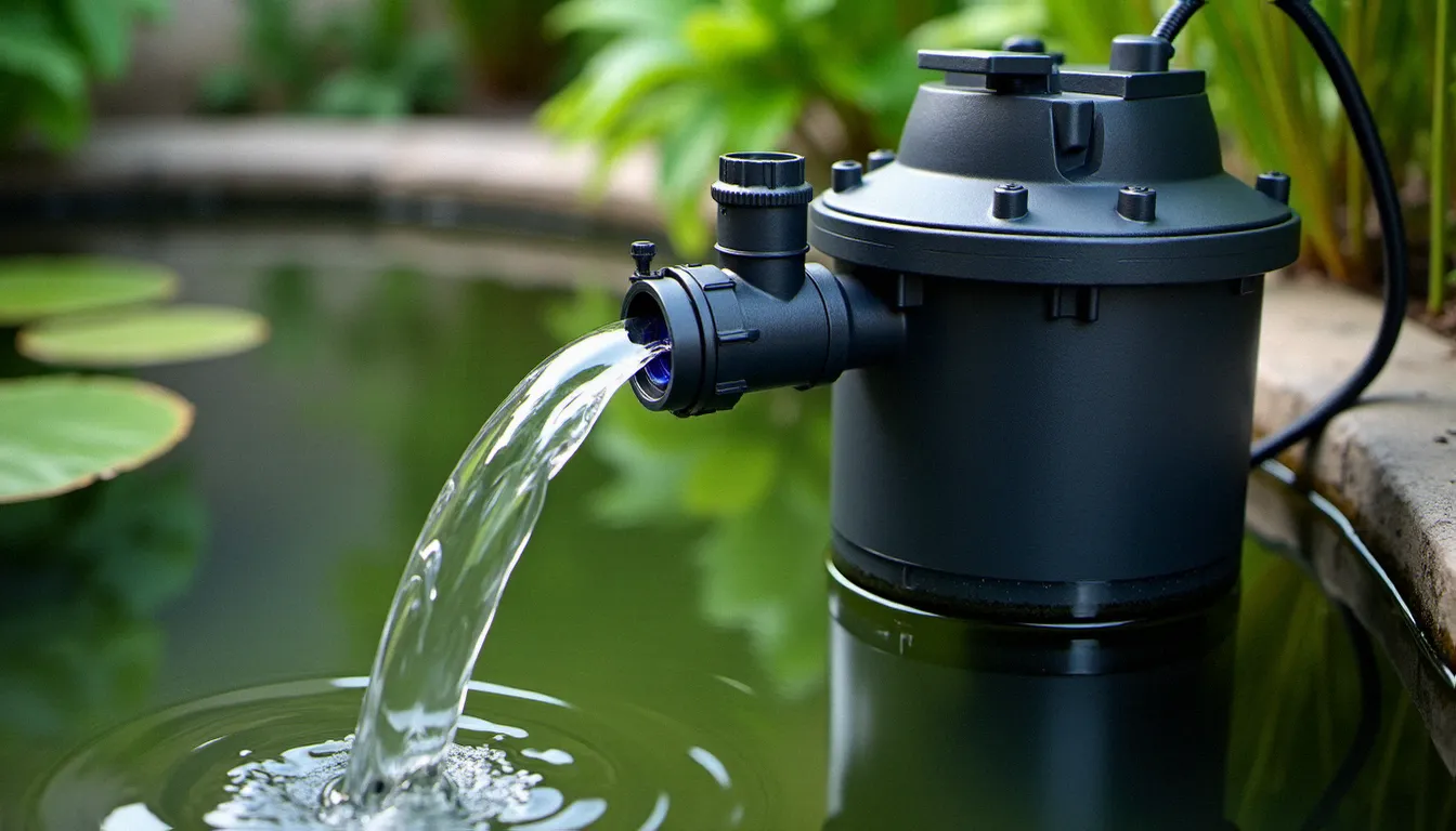 Système de filtration biologique et lampe UV pour bassin d'eau artificielle dans un jardin, garantissant une eau claire sans algues