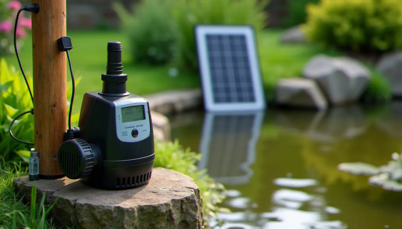 Pompe submersible pour bassin reliée à un contrôleur solaire, illustration du fonctionnement d'un système d'énergie renouvelable pour bassin de jardin