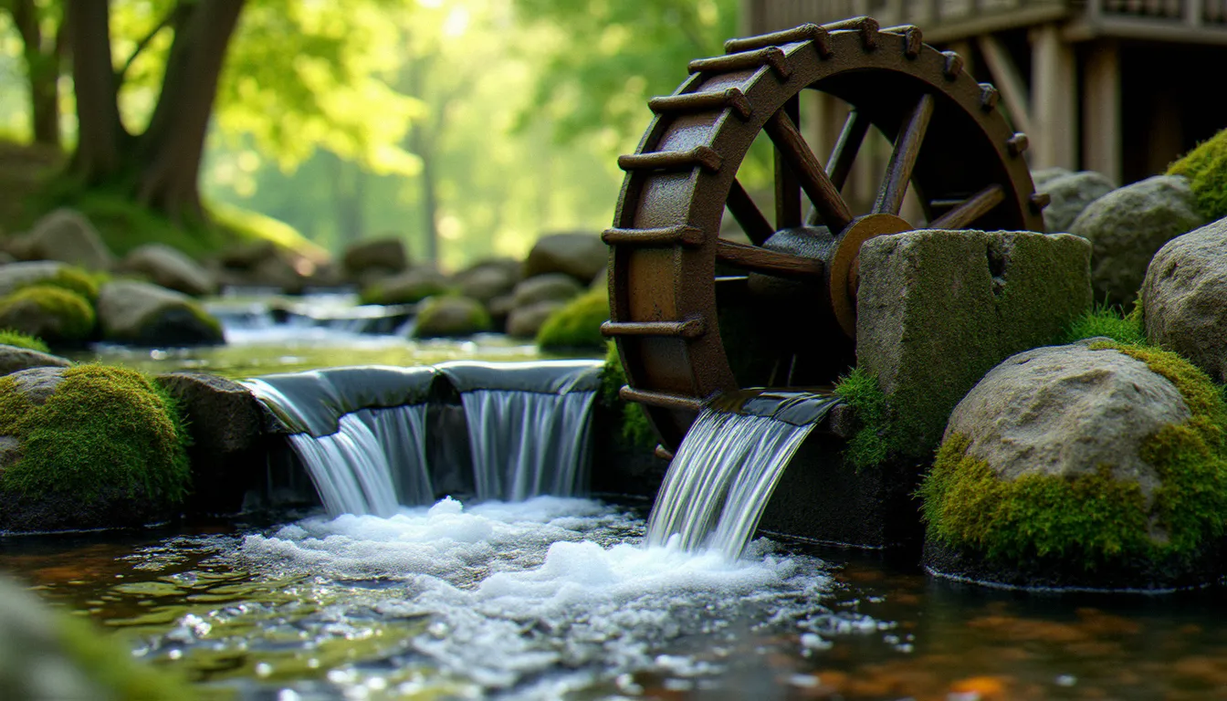 Petite roue hydraulique sur ruisseau rural illustrant l'exploitation de l'énergie hydraulique renouvelable pour alimenter un bassin de jardin