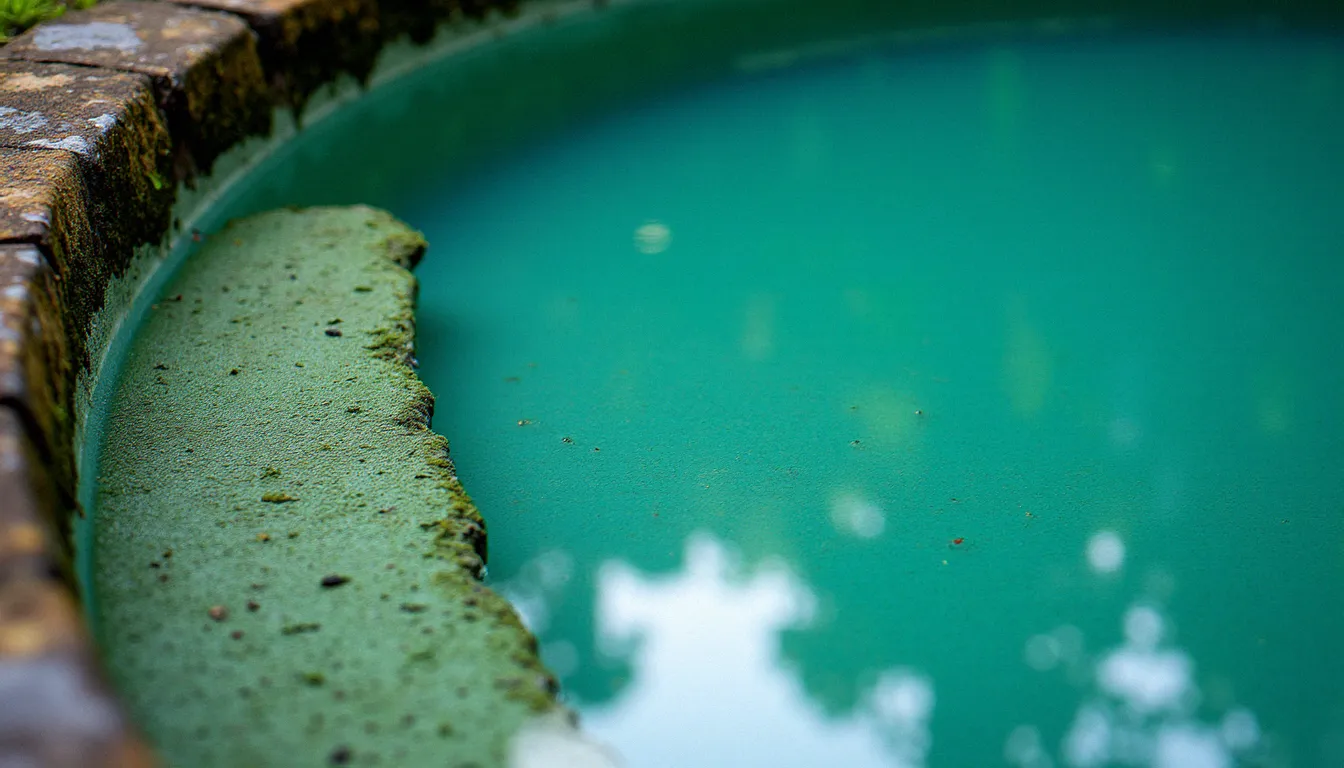 Surface d'un bassin de jardin montrant une prolifération de cyanobactéries bleu-vert près des berges, illustrant les effets des polluants sur l'eau environnement