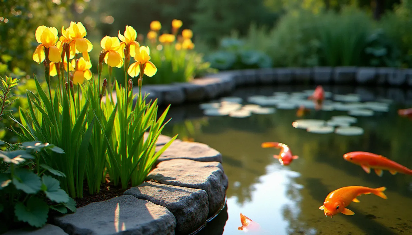 Berge d'un bassin de jardin plantée d'iris des marais et de massettes avec des koï visibles dans l'eau claire, illustrant le rôle des plantes dans l'équilibre eau environnement