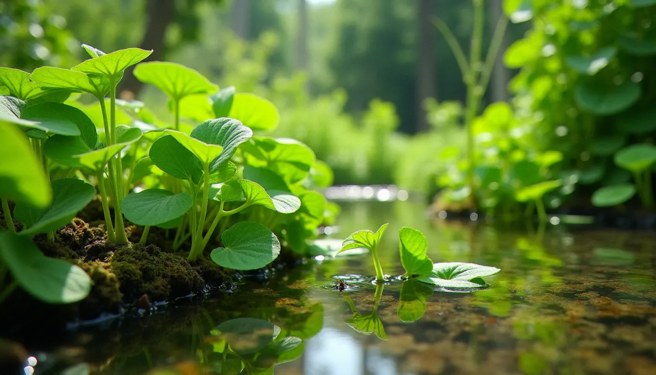 Gros plan sur des plantes épuratrices en zone de berge d'un bassin naturel : sagittaire, menthe aquatique et élodée avec racines immergées visibles dans l'eau