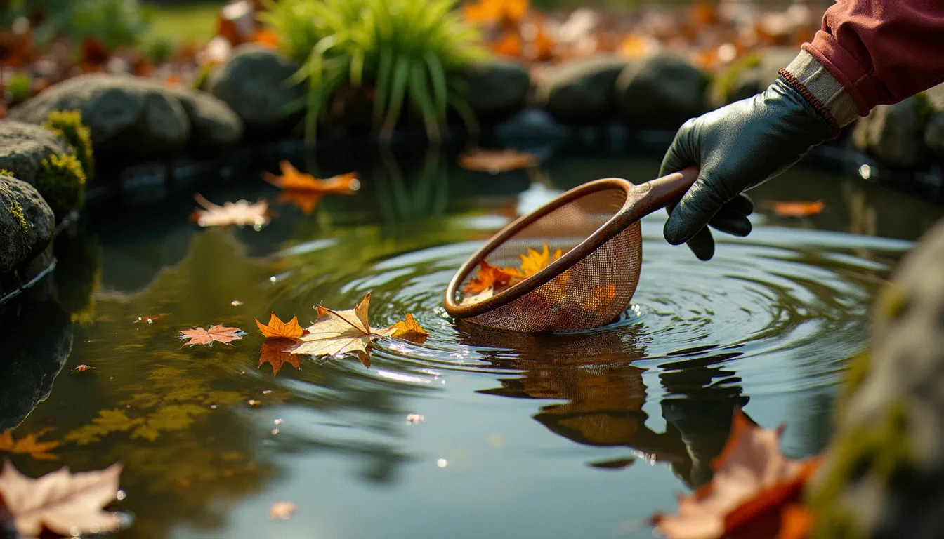 Propriétaire retirant des feuilles mortes à l'épuisette dans un bassin de jardin sans filtration en automne, entretien naturel du bassin pour préserver l'équilibre biologique