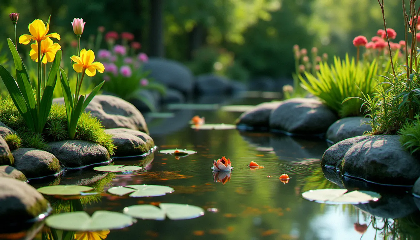 Bassin de jardin sans filtration avec eau claire, plantes aquatiques épuratrices (iris des marais, nénuphars, massettes) et carassins dorés visibles sous la surface