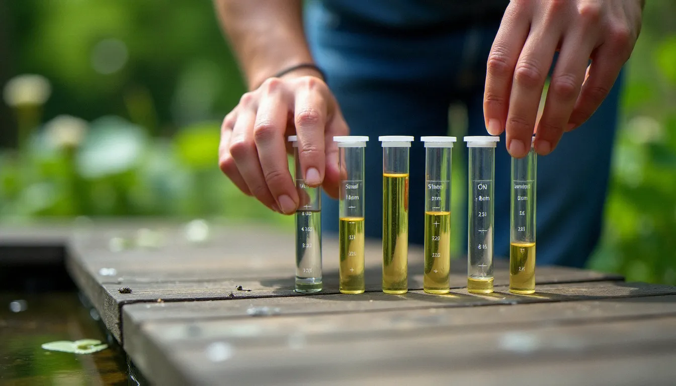 Kit de test d'eau posé sur le bord d'un bassin de jardin, tubes de mesure du pH, nitrites et nitrates visibles, main d'un paysagiste effectuant l'analyse des paramètres de l'environnement eau