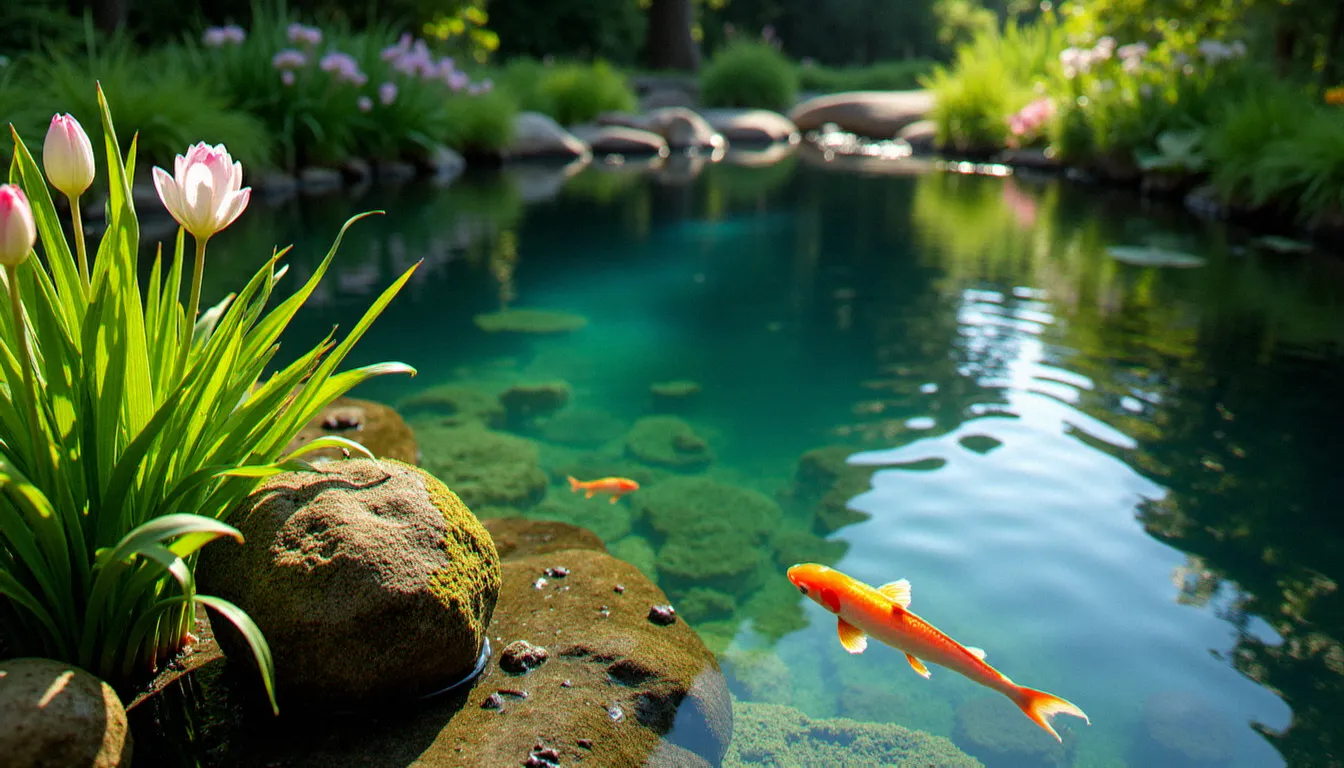 Zone plantée d'un bassin de jardin avec plantes oxygénantes immergées, iris des marais en berge et un koï doré nageant dans une eau limpide — végétation indispensable à l'équilibre de l'environnement eau