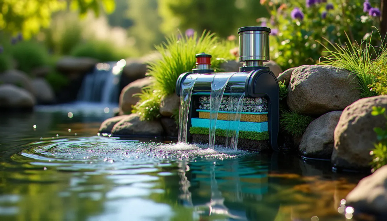 Système de filtration biologique et UV installé à côté d'un bassin de jardin, représentant le cycle artificiel de l'eau comparable au cycle naturel en milieu aquatique