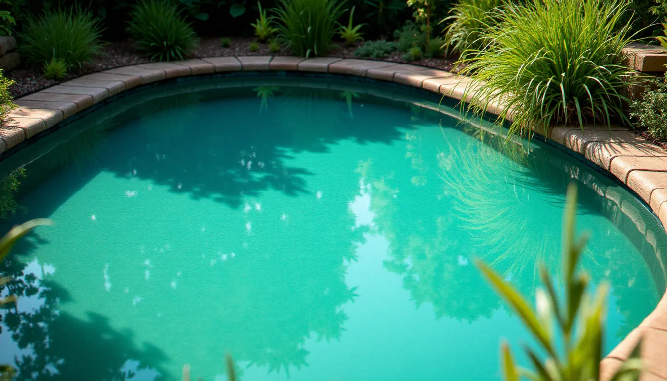 Film bleu-vert de cyanobactéries à la surface d'un bassin de jardin en période estivale, signe d'un déséquilibre de l'environnement et de l'eau