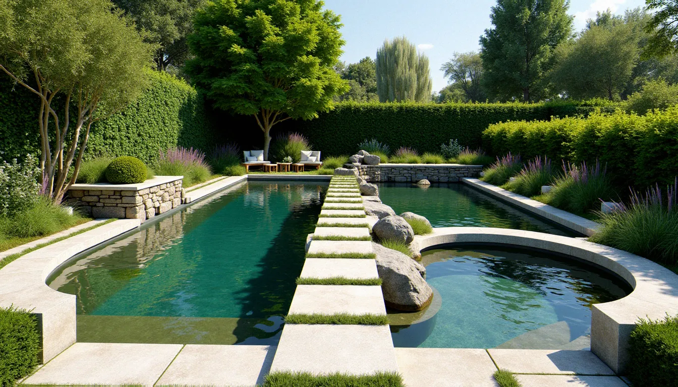 Les quatre types de bassins de jardin côte à côte dans un jardin de particulier : cuve préfabriquée, bassin bâché liner, bassin en maçonnerie et baignade naturelle