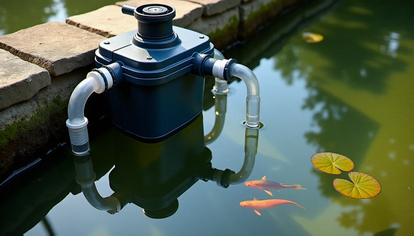 Installation technique d'un bassin de jardin avec filtre biologique, lampe UV et pompe de circulation visible sur le bord, eau claire en arrière-plan
