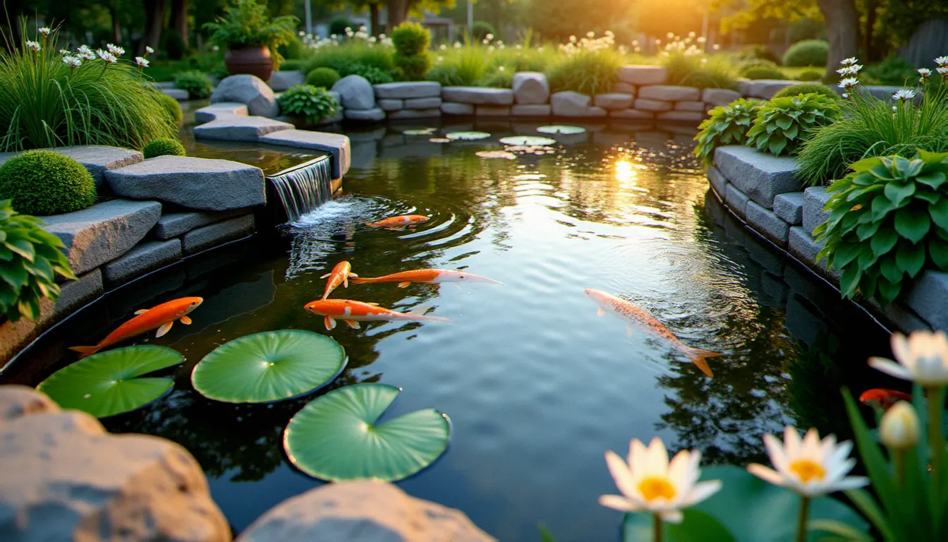 Vue aérienne d'un bassin de jardin avec eau claire, nénuphars en fleur et koï orangés visibles sous la surface, illustrant un avis positif sur mon bassin de jardin