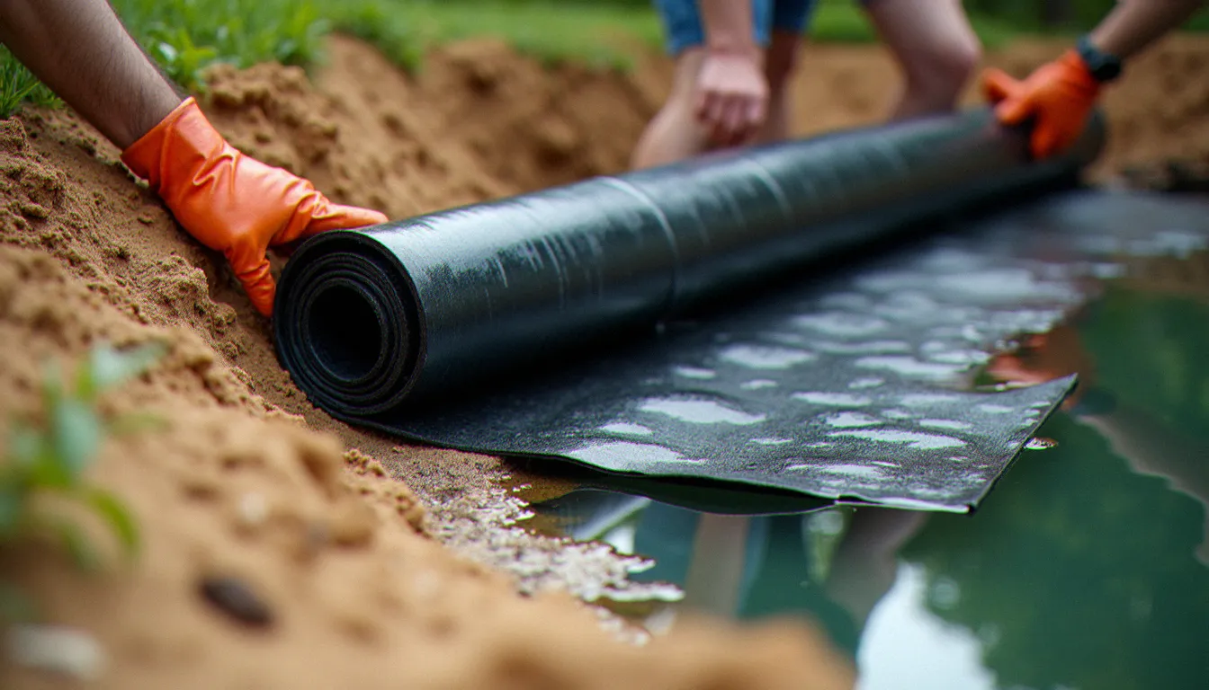 Pose d'une bâche EPDM noire dans une excavation de bassin de jardin sur un lit de sable et géotextile de protection
