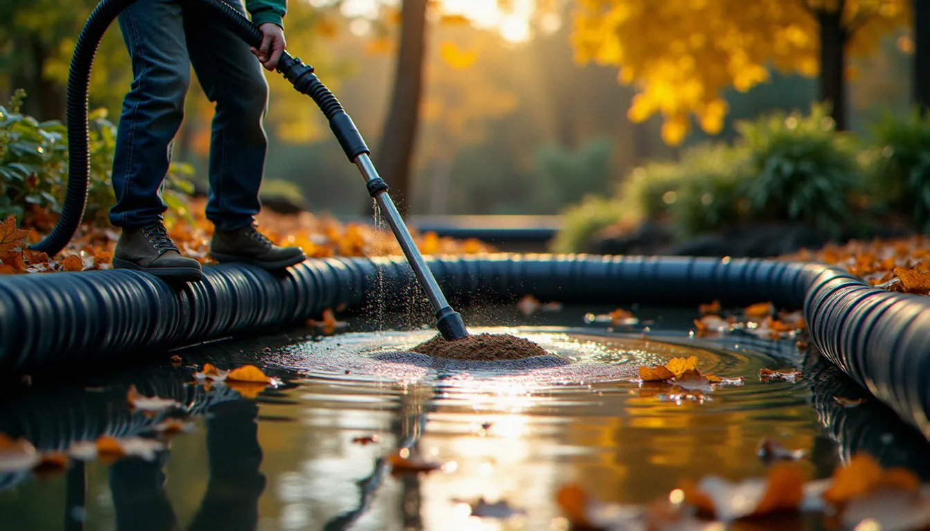 Entretien saisonnier d'un bassin de jardin avec bâche, aspiration des boues du fond à l'automne avec un aspirateur immergé