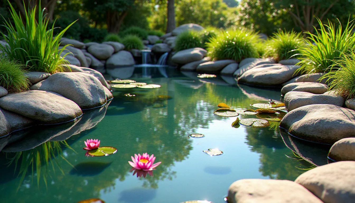 Bassin de jardin avec bâche EPDM entouré de pierres naturelles et de plantes aquatiques, eau claire reflétant le ciel