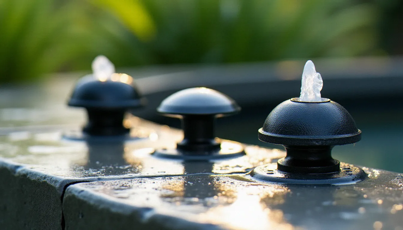 Comparaison de trois têtes de fontaine différentes pour bassin de jardin — jet geyser, champignon et multi-branches — posées sur ardoise naturelle humide