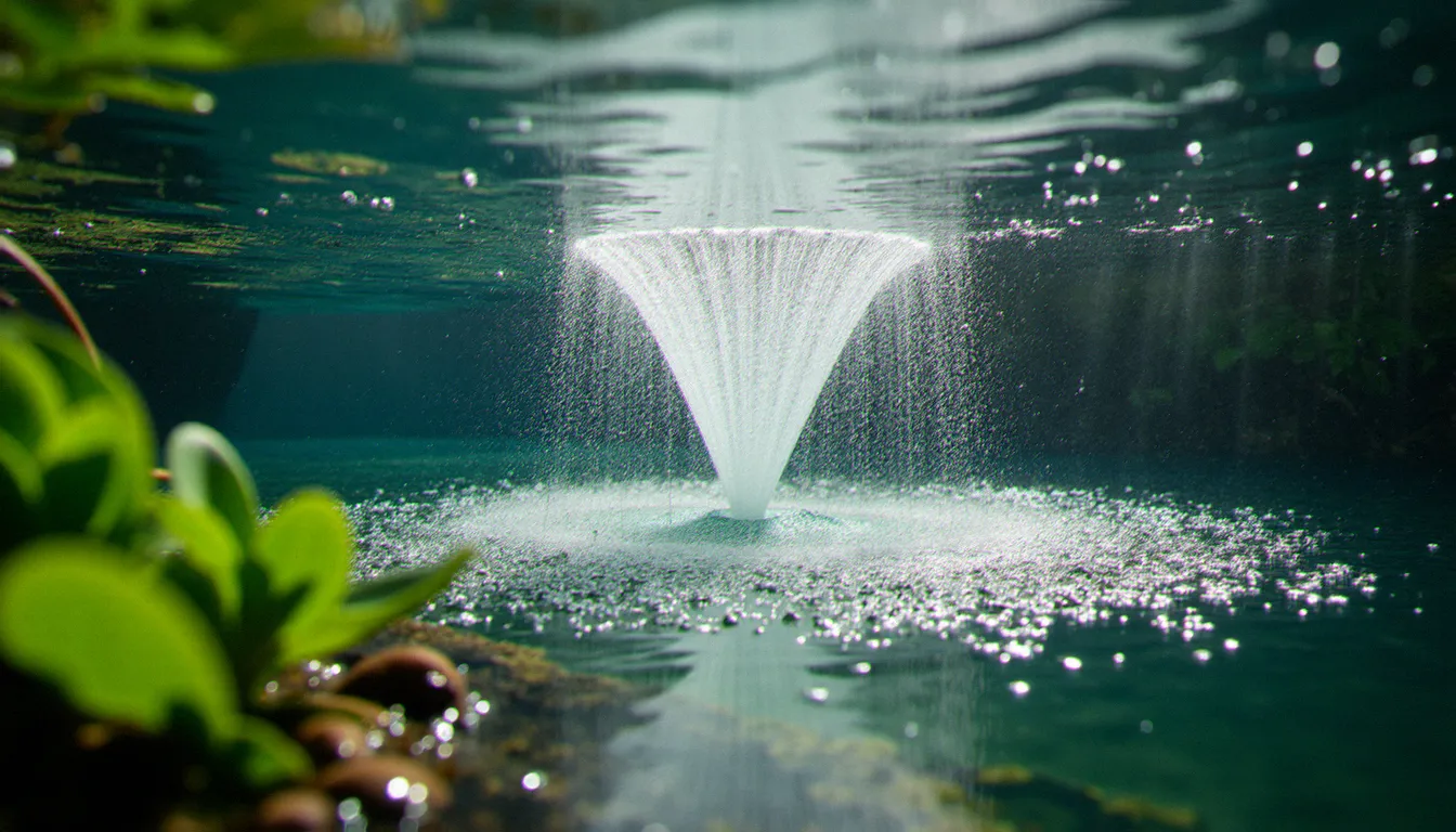 Vue sous-marine d'un bassin de jardin avec fontaine, montrant les bulles d'oxygène créées par le jet à la surface de l'eau