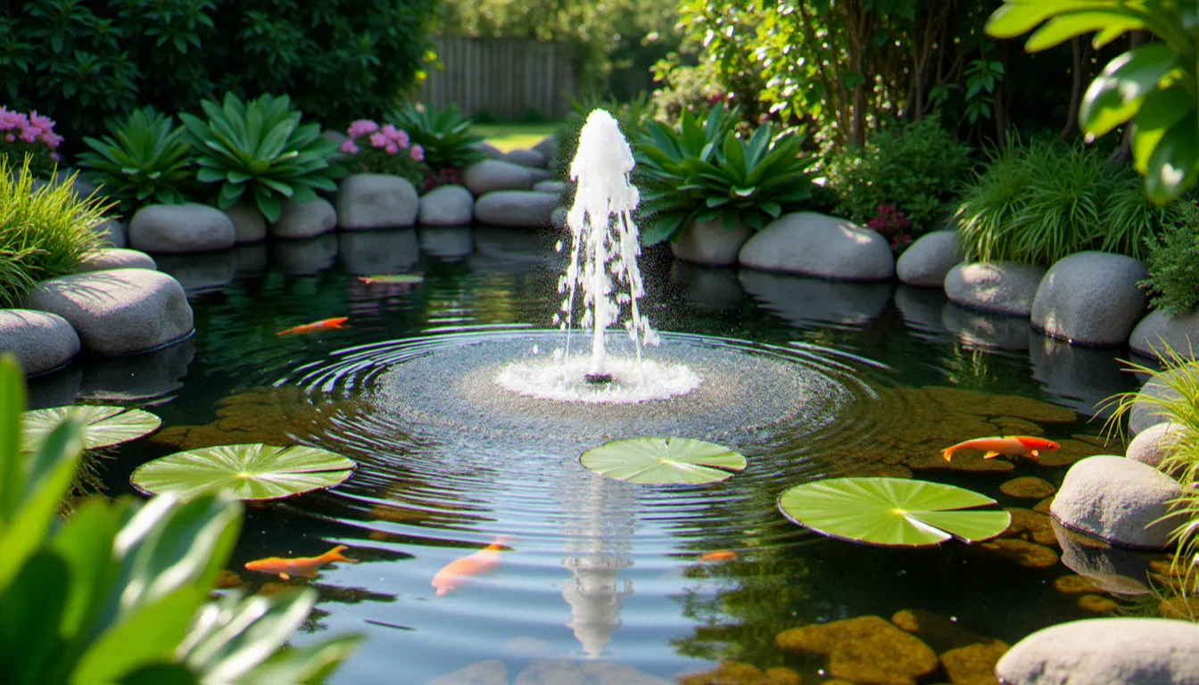 Bassin de jardin avec fontaine à jet central, entouré de nénuphars et de plantes aquatiques, avec des koï visibles sous une eau claire