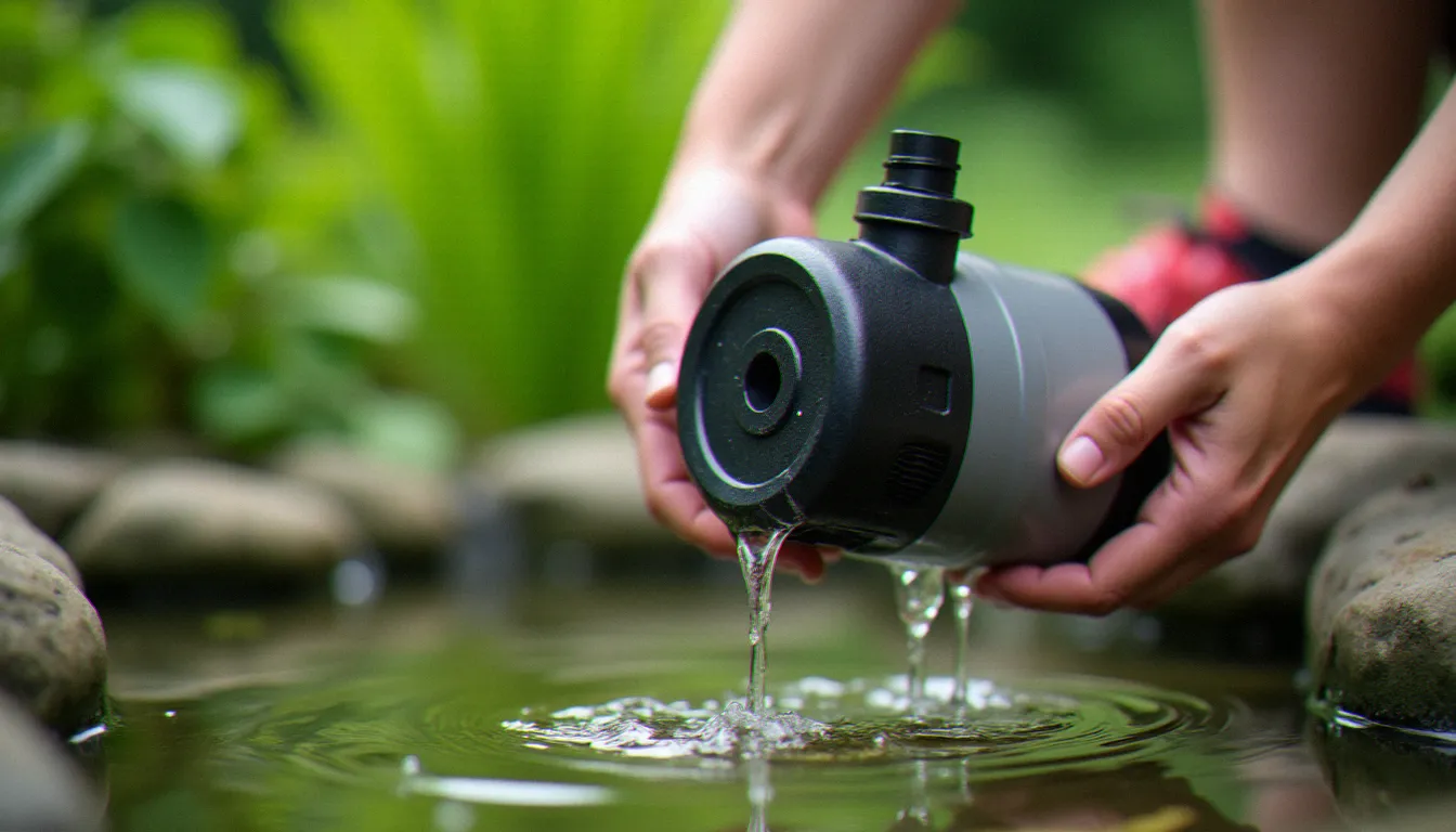 Pompe de bassin immergée sortie de l'eau pour entretien, montrant la turbine et le préfiltre, fond de jardin vert flou