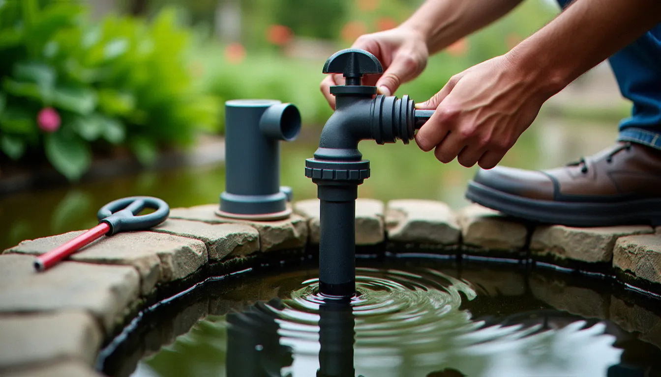 Installation du tuyau souple armé reliant une pompe de bassin à un filtre biologique externe posé en bordure du bassin de jardin