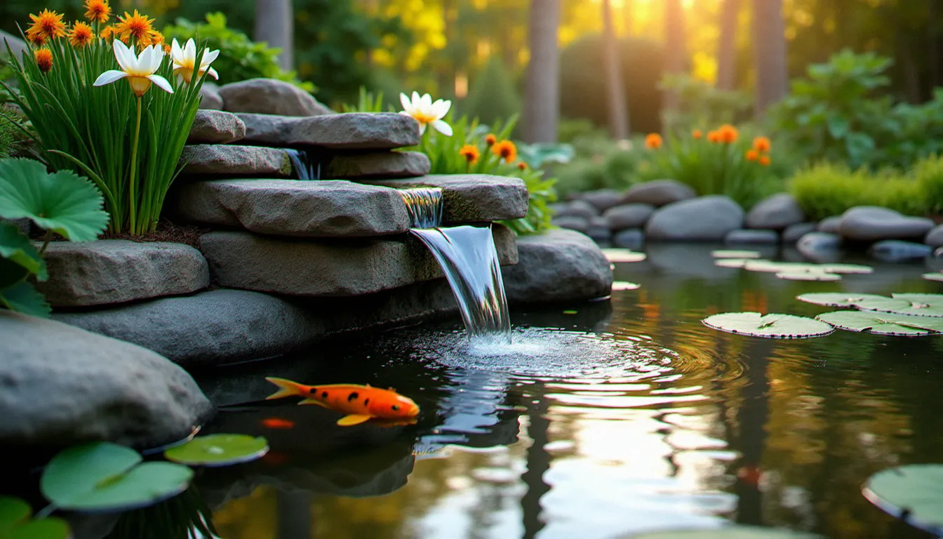 Bassin de jardin avec pompe alimentant une cascade en pierre, eau claire avec des koï visibles, plantes aquatiques autour du bassin