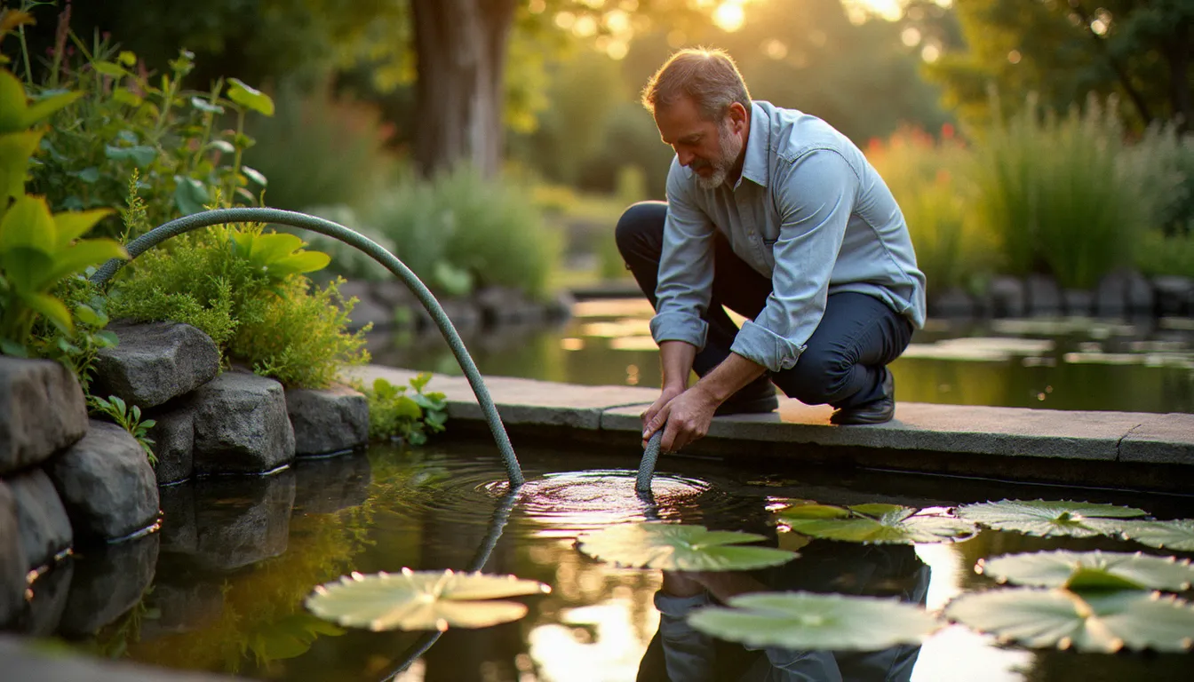 Paysagiste aquatique amorçant un siphon avec un tuyau souple pour vider un bassin de jardin sans pompe, entouré de plantes aquatiques et de nénuphars