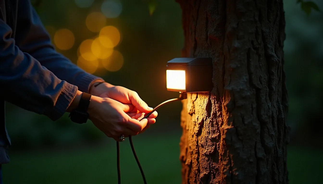 Installation d'un projecteur LED 12V en pied d'arbre dans un jardin, connecteur IP67 et boîte de jonction