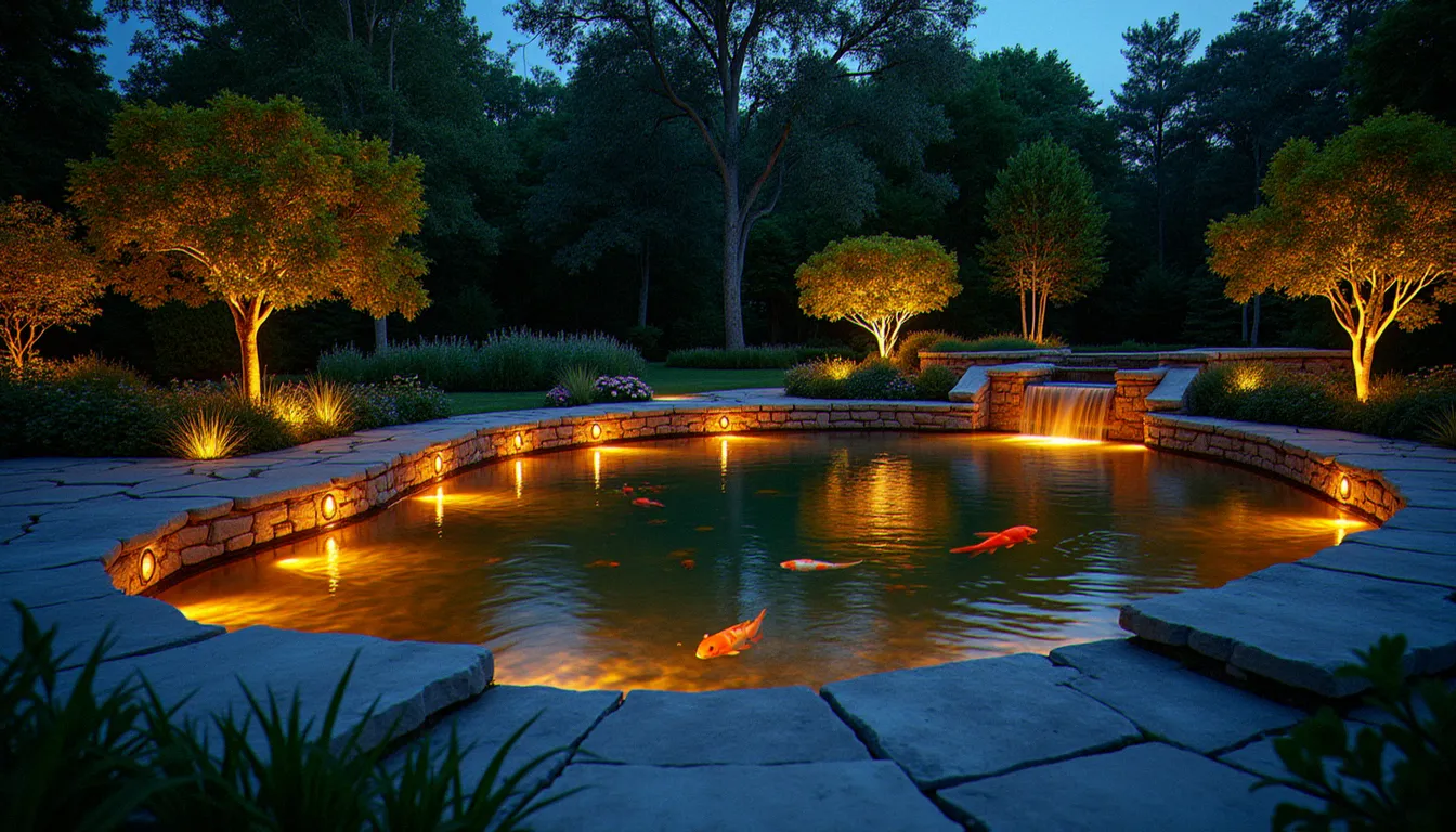 Bassin de jardin éclairé en soirée avec projecteur subaquatique LED et éclairage artificielle dans jardin en halo sur la rive