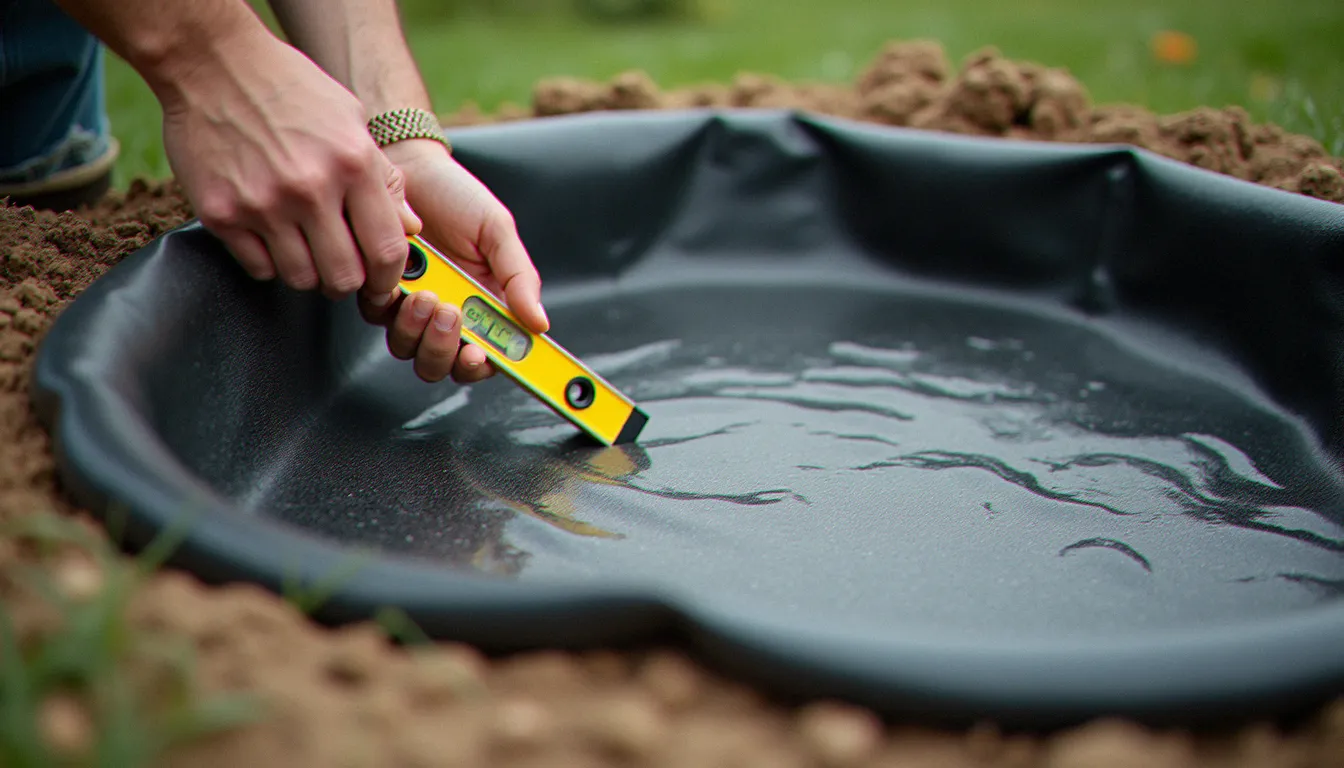 Pose d'un feutre géotextile sous un bassin de jardin en plastique avant le remplissage