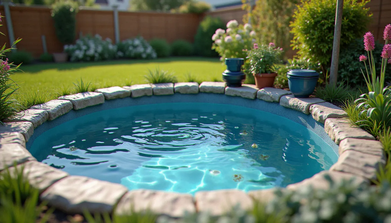 Bassin de jardin Brico Dépôt en plastique posé semi-enterré dans un jardin, avec pompe et filtre à bacs à proximité