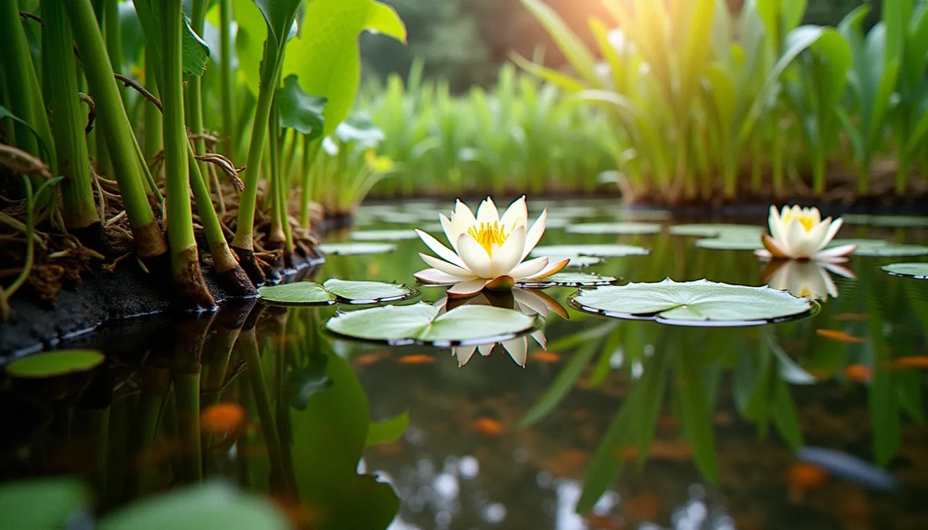 Plantes aquatiques variées dans un bassin de jardin avec poissons et eau claire