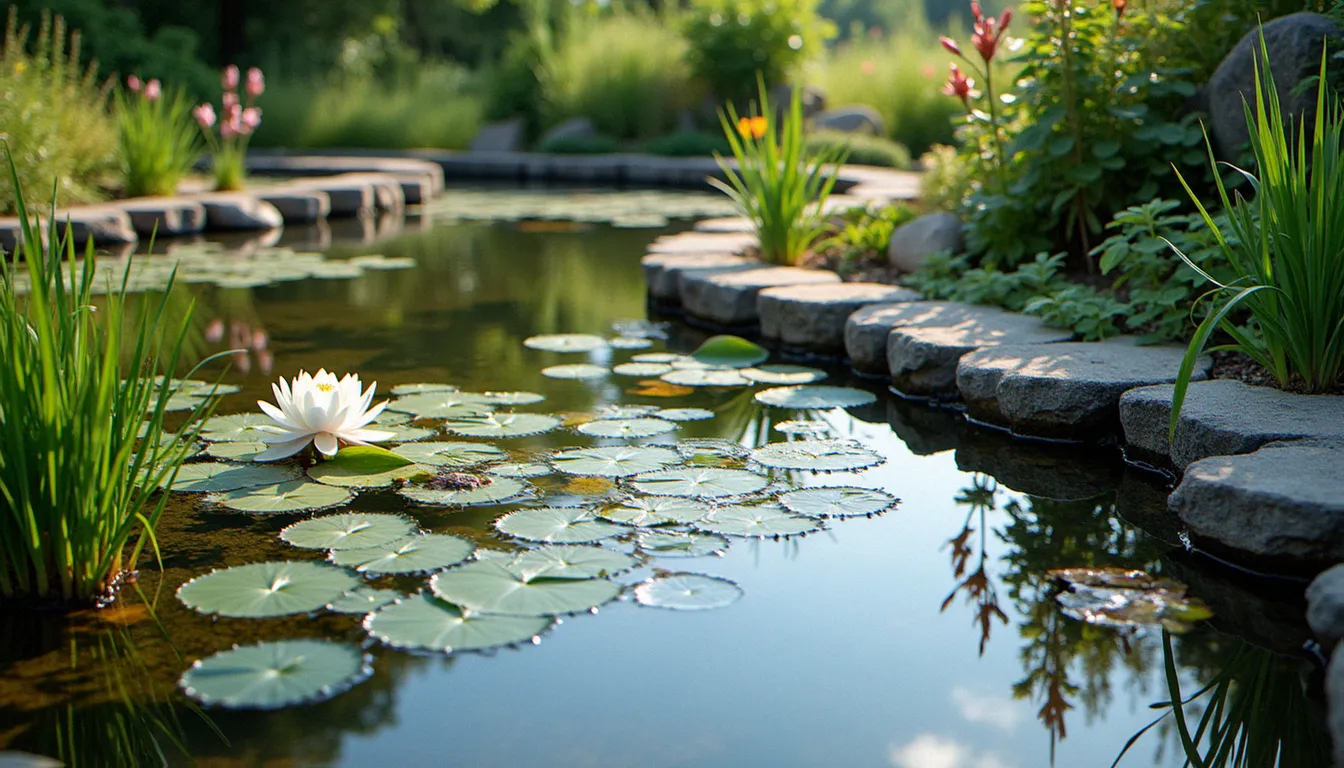 Bassin de jardin sans filtre entouré de plantes aquatiques naturelles avec eau claire